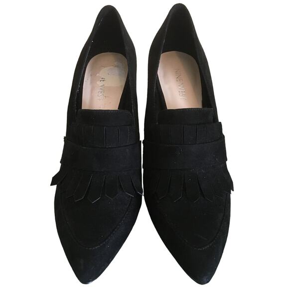 Nine West 8 1/2 M Birchwood Pointed Toe Faux Black Suede Fringed Tuxedo Pumps - Picture 1 of 8